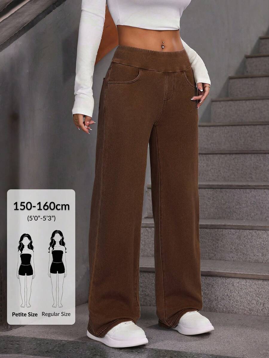 SHEIN PETITE 女款純色寬鬆直筒休閒牛仔褲 棕色女褲 喇叭褲 牛仔褲 西部風女褲 女牛仔褲 小個女款 - 咖啡棕 - 查看 1
