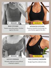 Powerista Sujetador deportivo soporte medio de cuello scoop con abertura trasera - Negro - Ver 4