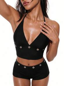 Oceva Women's Summer Beach Halter Neck Tankini Set With Fish Eye Design - Black - View 5