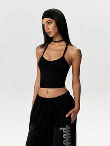 Dewbera Dewbera Women's Solid Color Casual Athleisure Athleisure Athletic Modest Daily Wear Sports Halter Neck T-Shirt Gym Workout Black Summer Gym Workout - Black - View 5