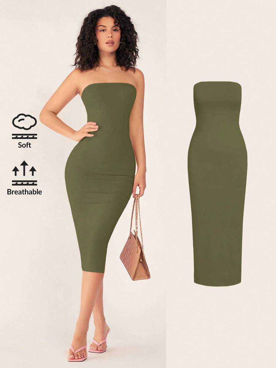 SHEIN BASICS 女款無肩帶修身緊身休閒性感晚餐洋裝 夏季女款晚裝 夜出約會夜店橄欖綠