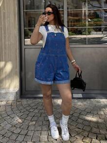 Dripcurv Große Größen Kirsch-bestickte Denim-Latzhose - Blau - Übersicht 7