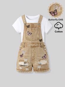 SHEIN Elladie kids Denimly 青少年女孩休閒日常都市街頭淺色水洗可愛蝴蝶刺繡牛仔吊帶短褲，破洞磨損下擺與毛邊設計 - 卡其色 - 查看 4