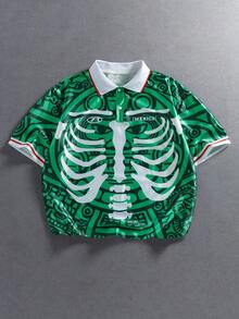 ROMWE MEN Prep Men's Skeleton Pattern Short Sleeve Sports Polo Shirt - Green - View 3