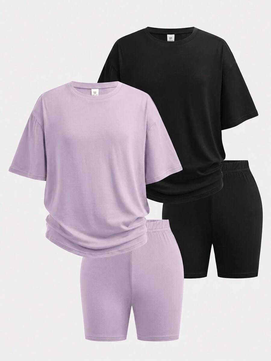 Girlism 青少年女孩 T-Shirt 套裝 2件/組 春夏新款 純色套裝 2件短袖 + 2件百慕達短褲套裝，4件裝，休閒時尚街頭風 寬鬆 T-Shirt + 緊身單車短褲套裝 - 彩色 - 查看 1