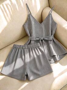GlowEve CURVE Women's Striped Camisole Top And Shorts Casual Daily Set - Black and White - View 2