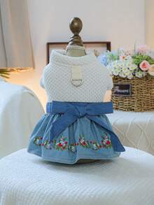 PETSIN 1pc Plush Thickened Pet Dress, Suitable For Cats And Dogs To Wear In Autumn And Winter, Embroidered Small Flower Dress In Princess Style - Blue and White - View 3