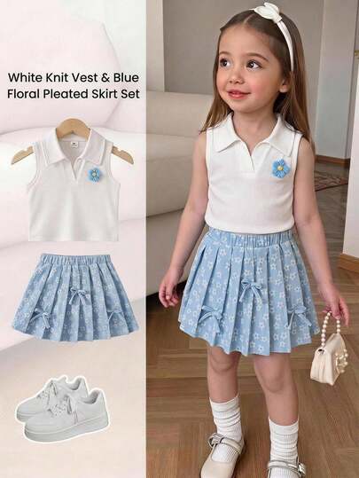 Elladie kids Girls' 2pcs Set Preppy Style Beige Knit Ribbed 3D Flower Collar Sleeveless Vest Top And Floral Jacquard Pleated Skirt, Suitable For Summer School
