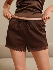 HautHeat Women's Solid Color Waist Tie Contrast Lace Pajama Shorts - Coffee Brown - View 3
