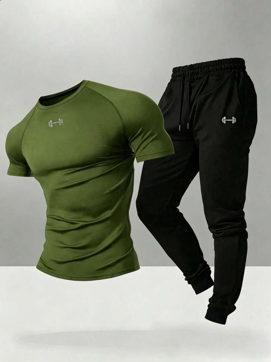 Gym Rark 男士槓鈴圖案短袖T恤與長褲運動套裝 - 軍綠色 - 查看 1