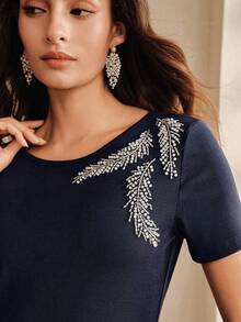 Anewsta Women's Summer Elegant Beaded Decoration T-Shirt - Royal Blue - View 4