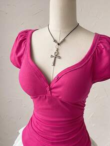 Attitoon Women's Solid Color Sweetheart Neck Short Sleeve Fitted Casual T-Shirt - Hot Pink - View 6