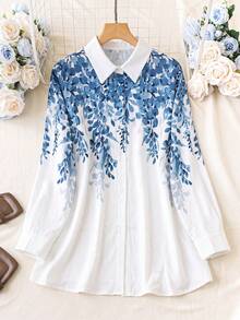 EMERY ROSE Plus Size Women's Floral Print Long Sleeve Casual Shirt Fall - Blue - View 4