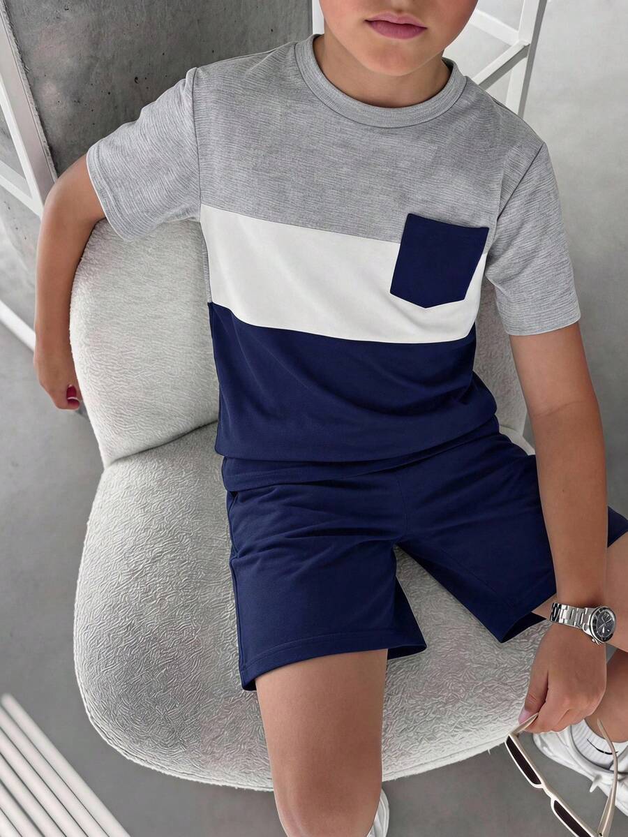 SHEIN 2件組 青少年男孩休閒學院風拼色圓領短袖T恤與短褲套裝，卡其色，適合通勤、上學、外出、運動、節慶、派對、度假，春夏穿著