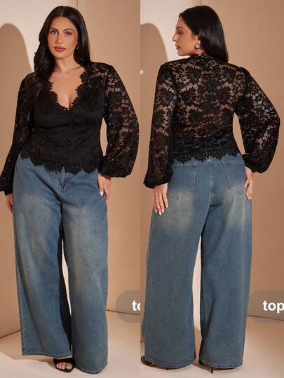 SHEIN BAE CURVE Plus Size Autumn Solid Black Sheer Lantern Sleeve Fitted Elegant 70's Sexy Lace Top For Women Birthday Dinner Evening Graduation Date Night Party