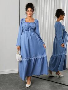 Momance Women's New French Design Ruffle Square Neck Patchwork Elegant Maternity Long Sleeve Dress Autumn Photoshoot Baby Blue - Blue - View 4