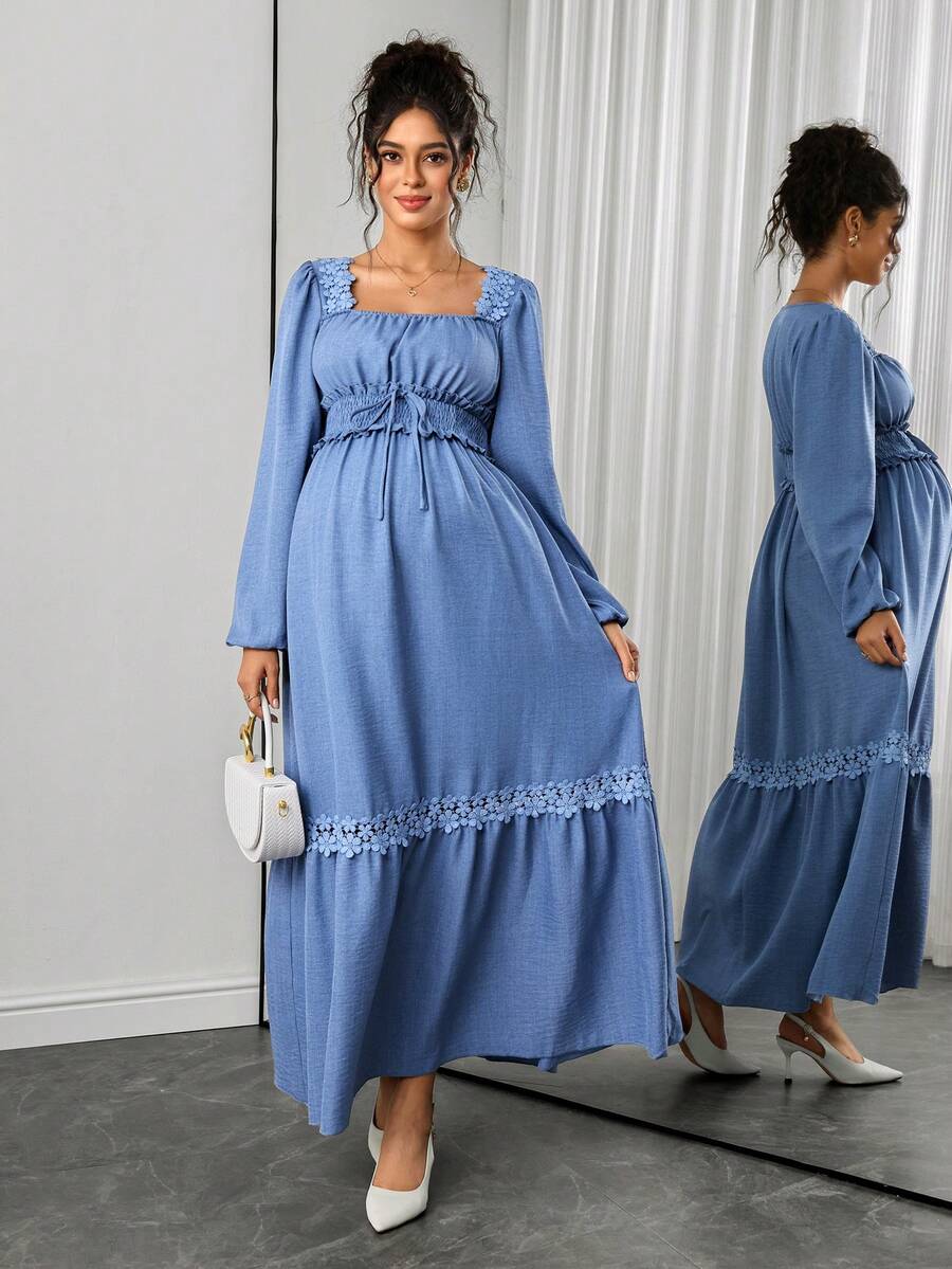 Momance Gaun Hamil Lengan Panjang Elegan Desain Prancis Baru untuk Wanita, Model Ruffle, Leher Persegi, Patchwork, Warna Biru Muda Musim Gugur untuk Pemotretan - Biru - View 1