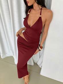 Firerie Women's Elegant Spring/Summer Sexy Holiday Party Night Music Festival Vacation V-Neck Metal Decor Halter Backless Waist Cutout Burgundy Red Long Dress - Burgundy - View 7