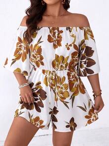 SHEIN Holidaya 大尺碼女款休閒印花露肩連身褲 - 彩色 - 查看 1