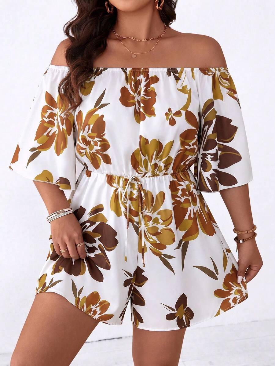 SHEIN Holidaya 大尺碼女款休閒印花露肩連身褲 - 彩色 - 查看 1