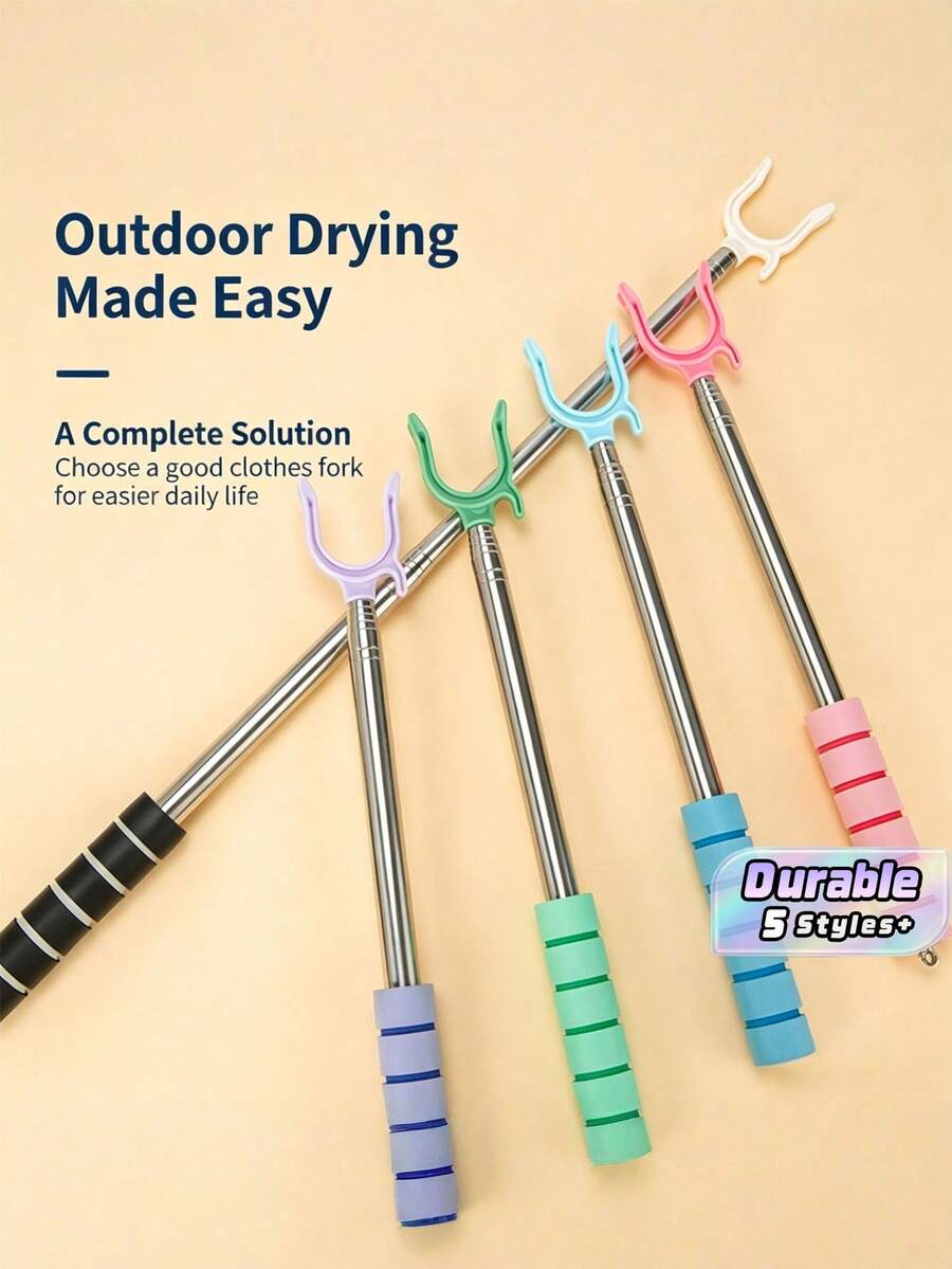 Telescopic Clothes Fork, Stainless Steel Extendable Garment Hanging Pole, U-Shape Non-Slip Clothesline Prop Rod With Sponge Grip, Portable High Reach Laundry Stick For Balcony & Closet - multicolor - View 1