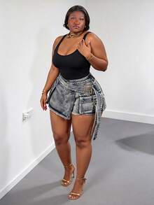 CurvyTilda 大尺碼夏季時尚繞身牛仔工裝短褲休閒款 - 藍色 - 查看 4