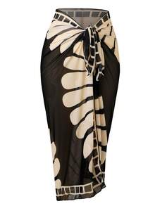 Swim Oasis OASIS Plus Size Vacation Swimwear Set, Black Print Sheer Cover-Up + Twist One-Piece Swimsuit 2 Pieces Set Beach Beige Summer Sexy Elegant - Black - View 5