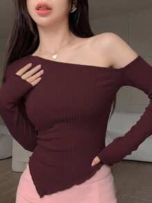 DAZY تي شيرت نسائية بأكمام طويلة وتصميم غير متماثل الذيل، لون أحادي عصري - عنابي اللون - مشاهدة 7