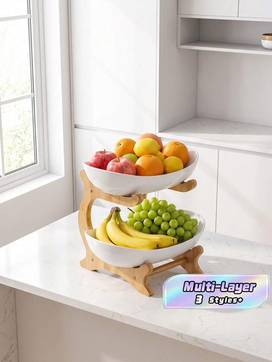 Bandeja multiusos de bambú para frutas y aperitivos, cesta de frutas creativa para regalo en el hogar - Blanco - Ver 1