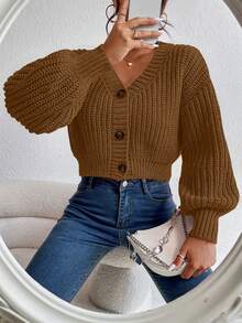 Balvessa Women's Solid Color Drop Shoulder Long Sleeve Single-Breasted Knit Cardigan - Brown - View 4