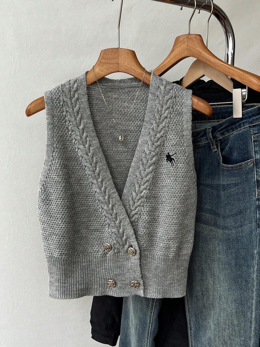 Elamini 扭繩刺繡復古雙排扣V領針織背心 - 灰色 - 查看 1