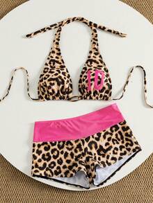 Sirith Women's Sexy Y2K Retro Leopard Print + Number Combination Print Halter Deep V-Neck + Resin Ring Contrast Color Patchwork Leopard Print Bikini Shorts 2-Piece Set, Suitable For Vacation And Party - Multicolor - View 5