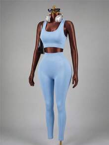 Mistrie Women Twist Back Cropped Tank Top And Sports Leggings Set Workout Women Sets - Baby Blue - View 5