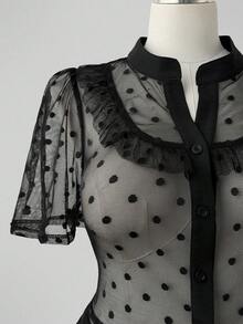 Sunspun Plus Size Spring/Summer Lace Polka Dot Hollow Out Sheer Blouse - Black - View 3