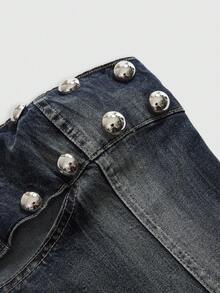 ROMWE Grunge Punk Summer Punk Y2K Sexy Hot Girl Metal Rivet Hollow Out Design Vintage Washed Fitted Tube Denim Top Club Night Out Dark Blue - Blue - View 3