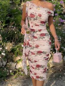 SHEIN MOD Chic Women's Red Rose Print Midi Dress With One Shoulder Design And Ruched Detail Ideal For Parties - Multicolor - View 1