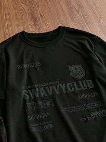 SWAVVY 男士休閒寬鬆圓領長袖T恤，春秋款，標準尺寸，黑色，橡膠印花，2合1 - 黑色 - 查看 3