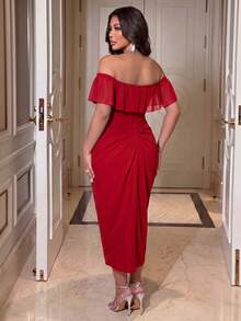 NU&NOW Vestido de mujer talla grande con volantes, hombros descubiertos, manga corta, cintura fruncida y abertura en el bajo - Rojo - Ver 2
