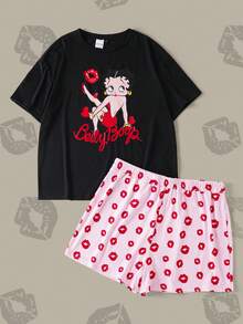 Betty Boop x SHEIN 大码女式圆领短袖T恤短裤睡衣套装 - 黑色 - 查看 1