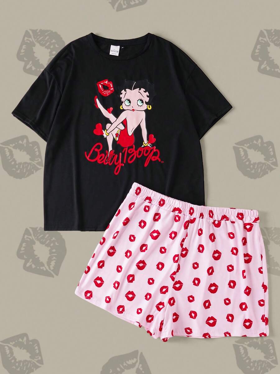 Betty Boop x SHEIN 大码女式圆领短袖T恤短裤睡衣套装 - 黑色 - 查看 1