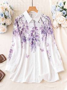 EMERY ROSE Plus Size Floral Print Casual Vacation Shirt Fall - Purple - View 6
