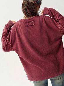 Bohemela Casual Grunge Solid Color Knit Round Neck Long Sleeve Loose Washed Women's Sweatshirt Concert Burgundy Autumn - Burgundy - View 10