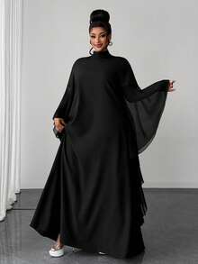 Maweii Plus Size Pure Black Stand Collar Full Skirt Dubai High-End Luxury Drape Double Layer Flutter Sleeve Loose Flattering Dress Fall - Black - View 5