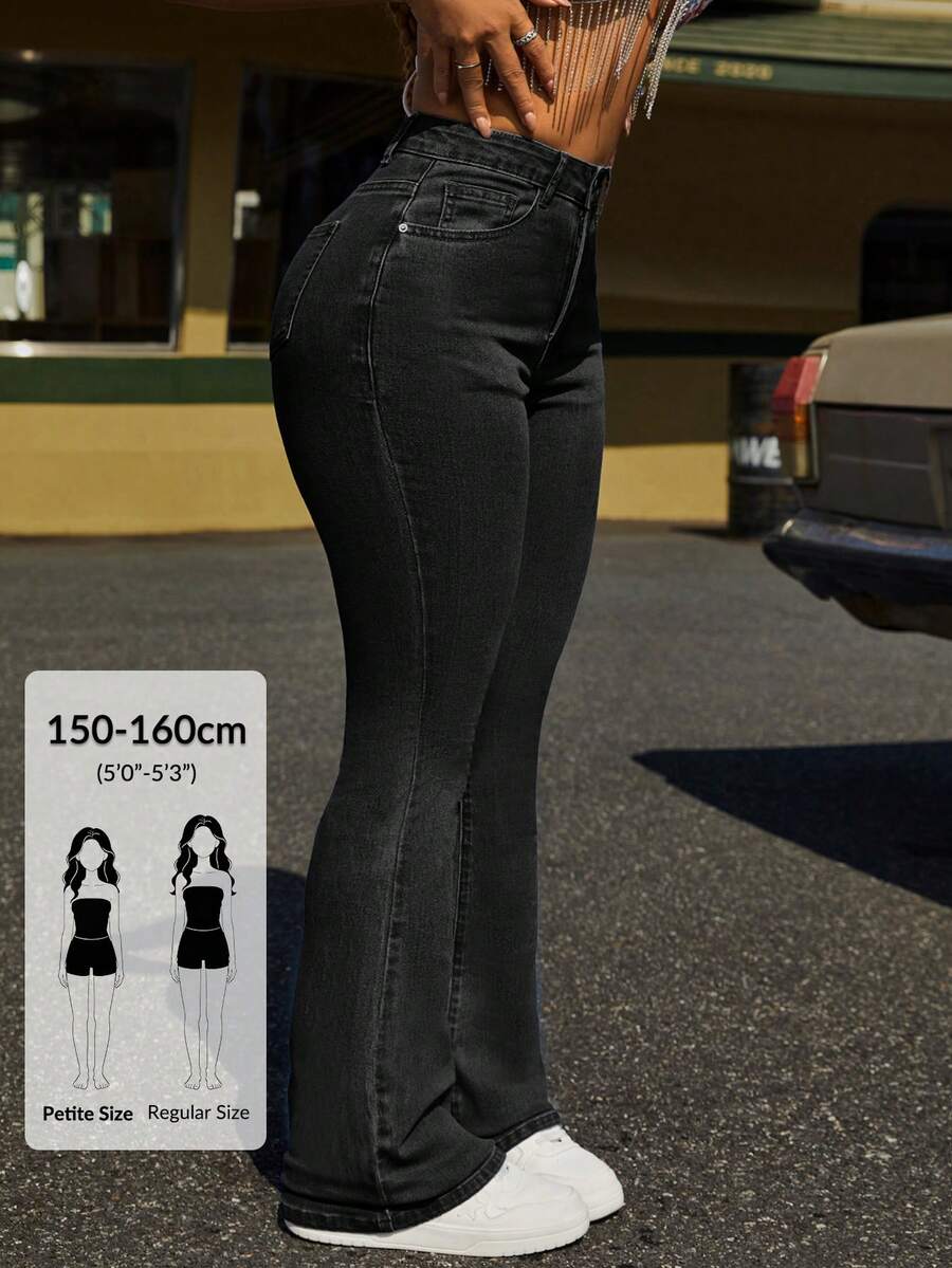SHEIN PETITE 女款前扣口袋簡約牛仔褲,休閒日常穿著,適合嬌小女性 - 黑色 - 查看 1
