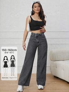SHEIN PETITE 女款直筒休閒街頭風百搭牛仔褲，附口袋，適合外出夜生活，黑色，夏季 - 深灰色 - 查看 1