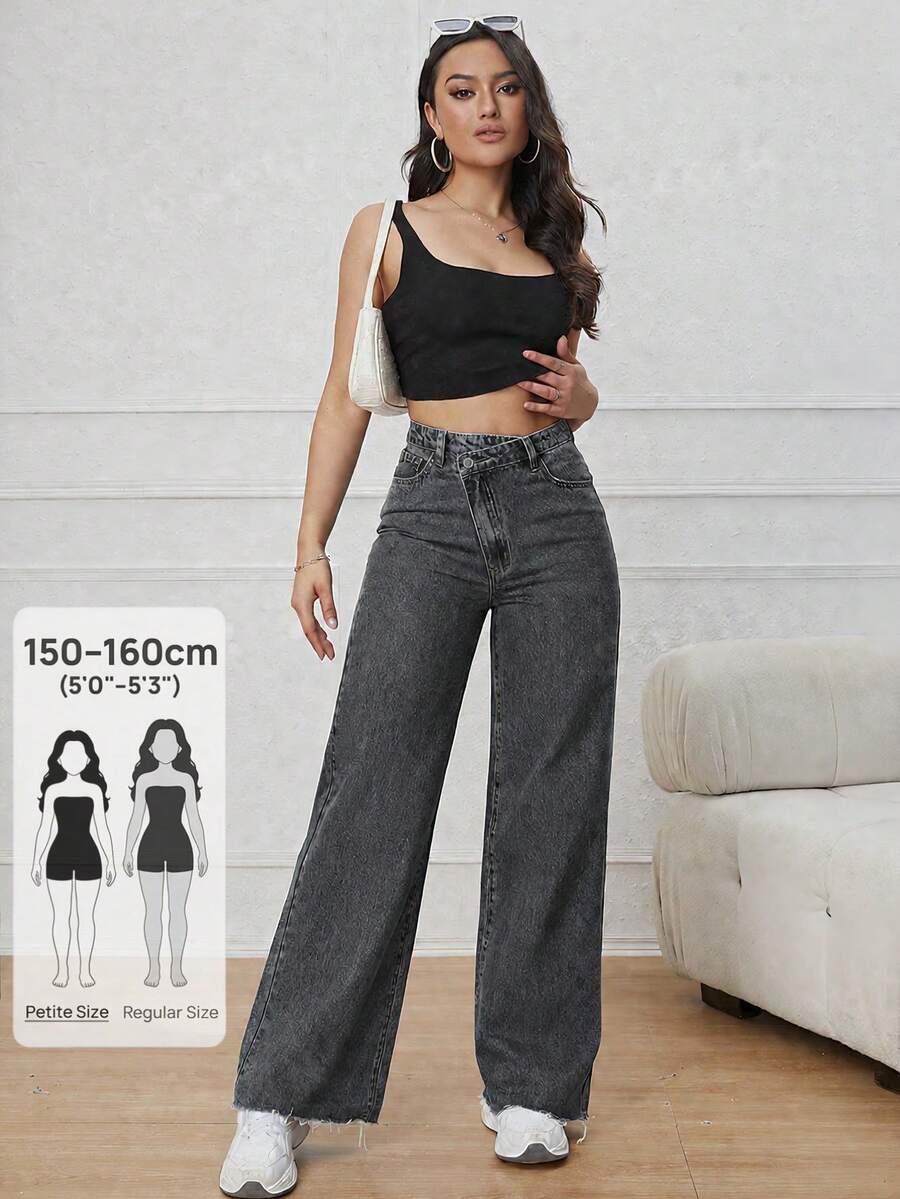 SHEIN PETITE 女款直筒休閒街頭風百搭牛仔褲,附口袋,適合外出夜生活,黑色,夏季 - 深灰色 - 查看 1