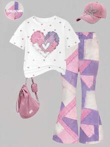 SHEIN Elladie kids 2件組復古粉色愛心印花T恤與喇叭褲套裝，可愛夏季返校女孩穿搭，Y2K校園風，新款圓領短袖T恤搭配鬆緊腰喇叭長褲，簡約百搭時尚通勤套裝 - 彩色 - 查看 2