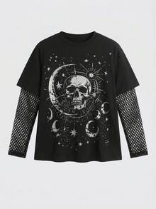 ROMWE Goth 深色哥德風骷髏星星月亮印花網布拼接大尺碼女款寬鬆T恤 - 黑色 - 查看 1