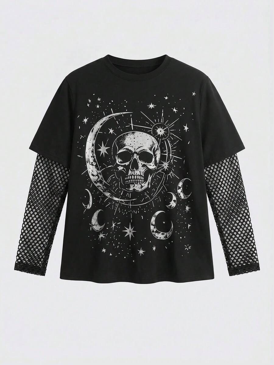 ROMWE Goth 深色哥德風骷髏星星月亮印花網布拼接大尺碼女款寬鬆T恤 - 黑色 - 查看 1