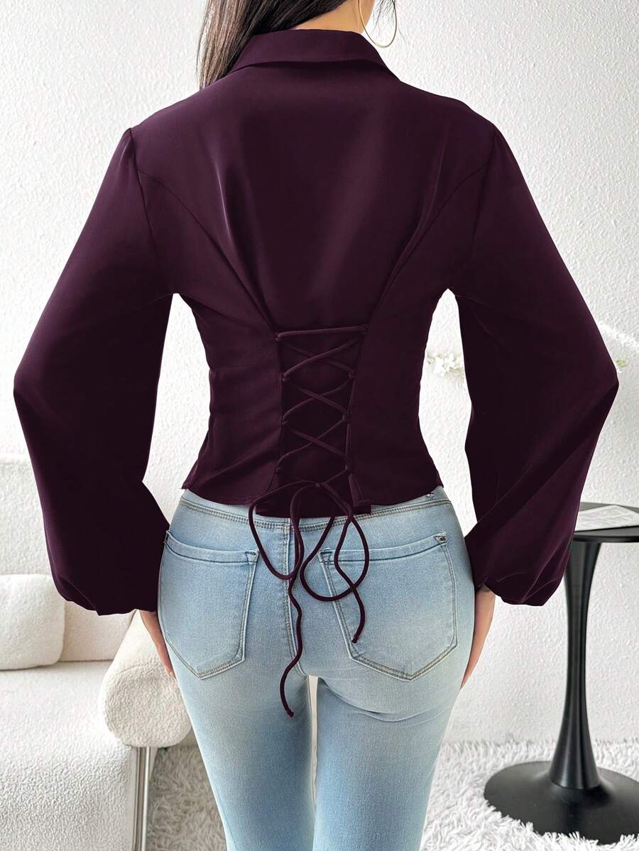 Heiryn بلوزة نسائية بلون موحد مع أكمام فانوس وتصميم ربطة الخصر الخلفية - الأرجواني - مشاهدة 1